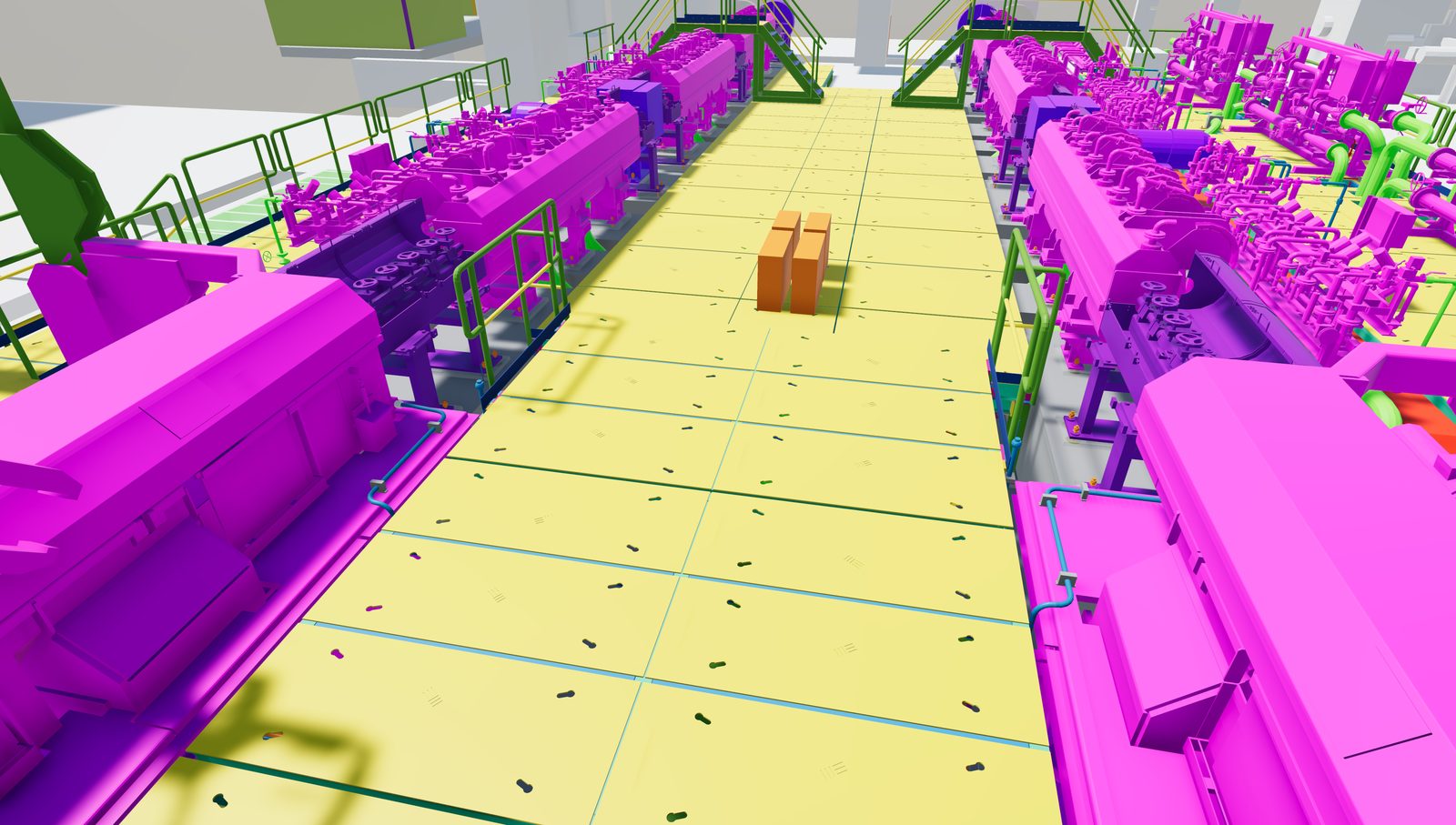 Modello 3D impianto MX — tracciato linee di processo e fluidi tecnici — vista lato nord